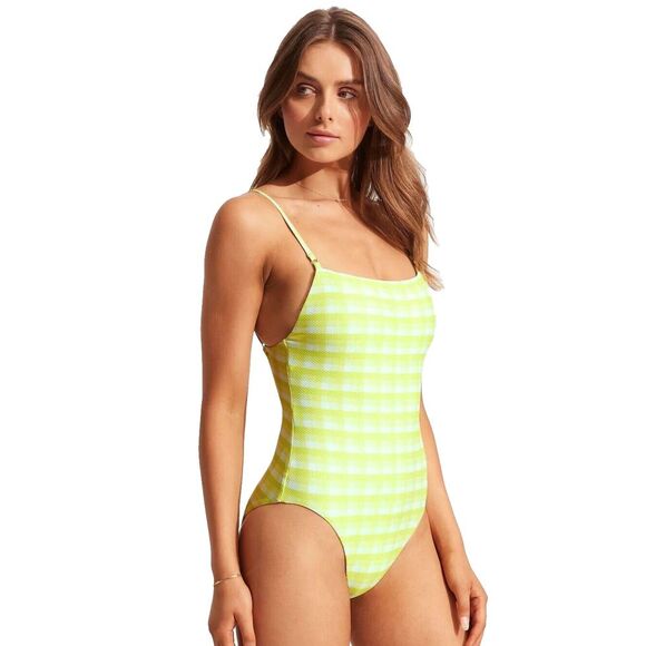 NEW Seafolly Size 6 Green and White Striped One Piece Swimsuit Adjustable Straps - Picture 2 of 16
